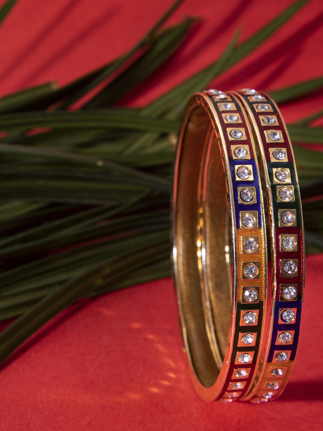 

Mali Fionna Set of 2 Gold-Toned & Red Enamelled Stone-Studded Bangles, Multi