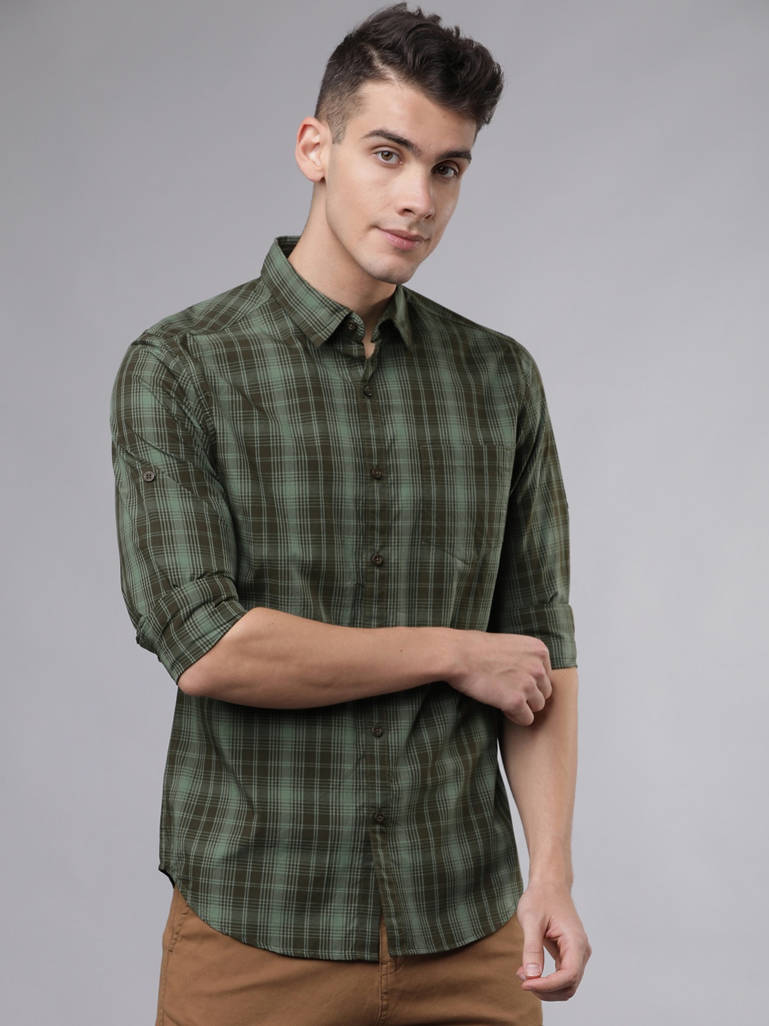 

HIGHLANDER Men Olive Green Slim Fit Checked Casual Shirt
