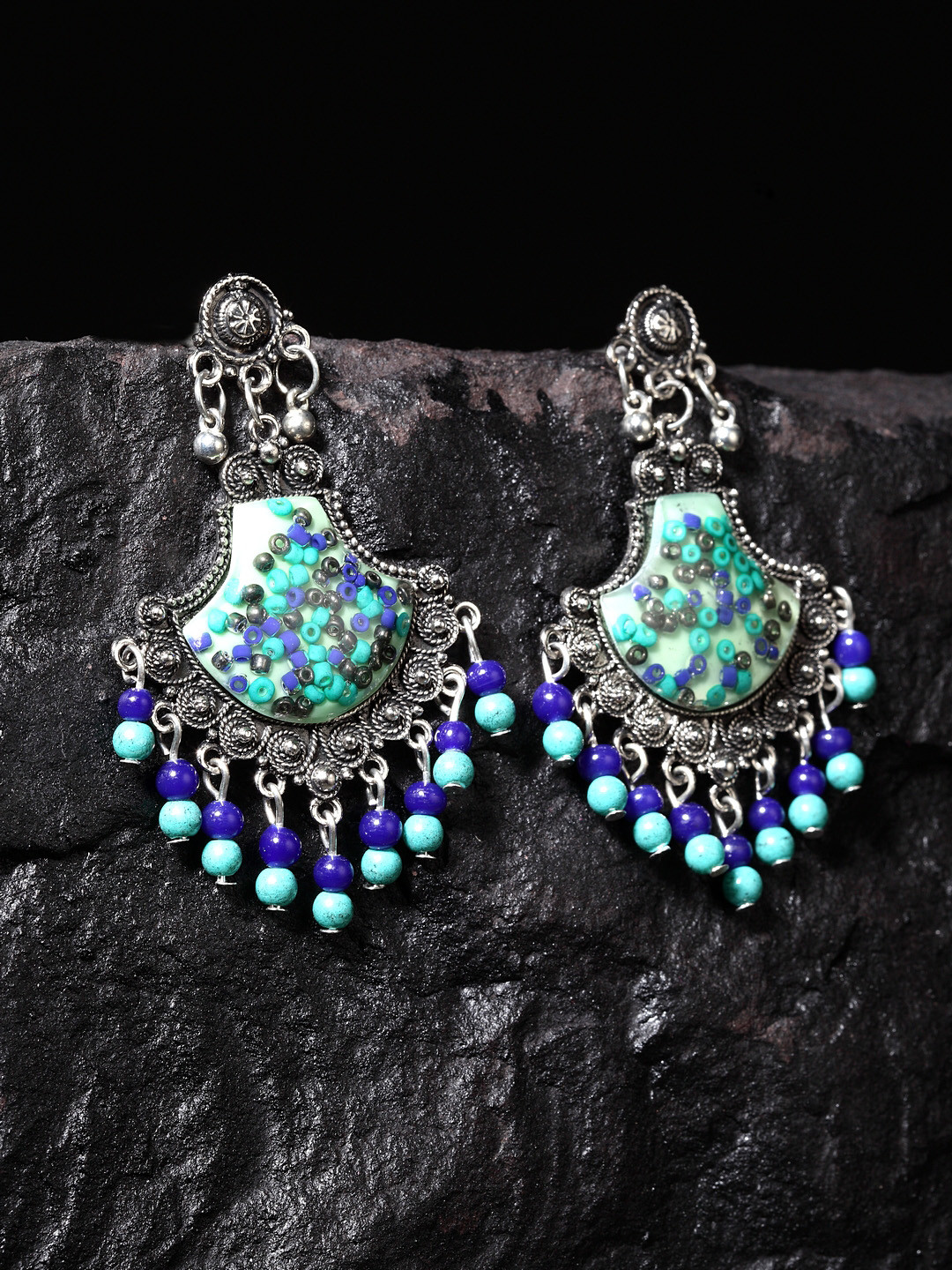 

Moedbuille Blue & Silver-Toned Handcrafted Oxidised Classic Drop Earrings