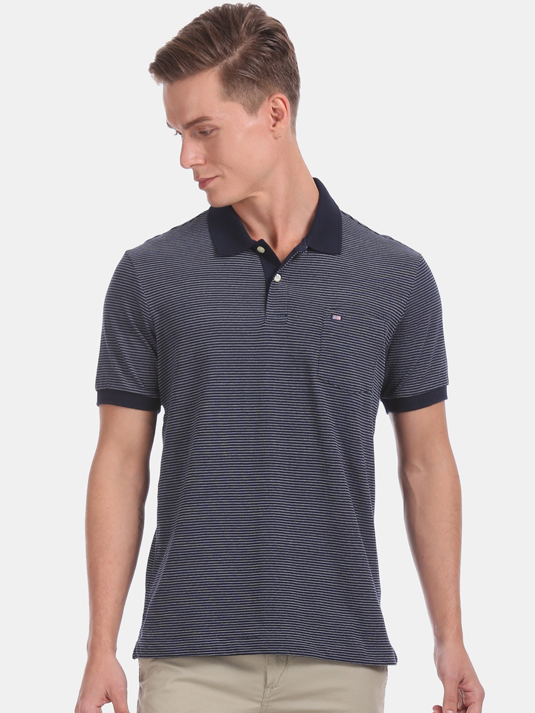

Arrow Sport Men Navy Blue Striped Polo Collar T-shirt