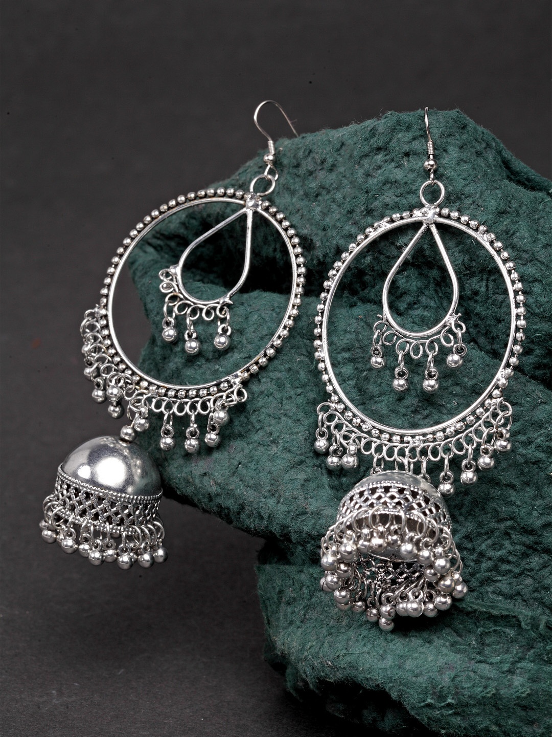 

Moedbuille Silver-Toned Brass-Plated Handcrafted Oxidised Dome Shaped Jhumkas