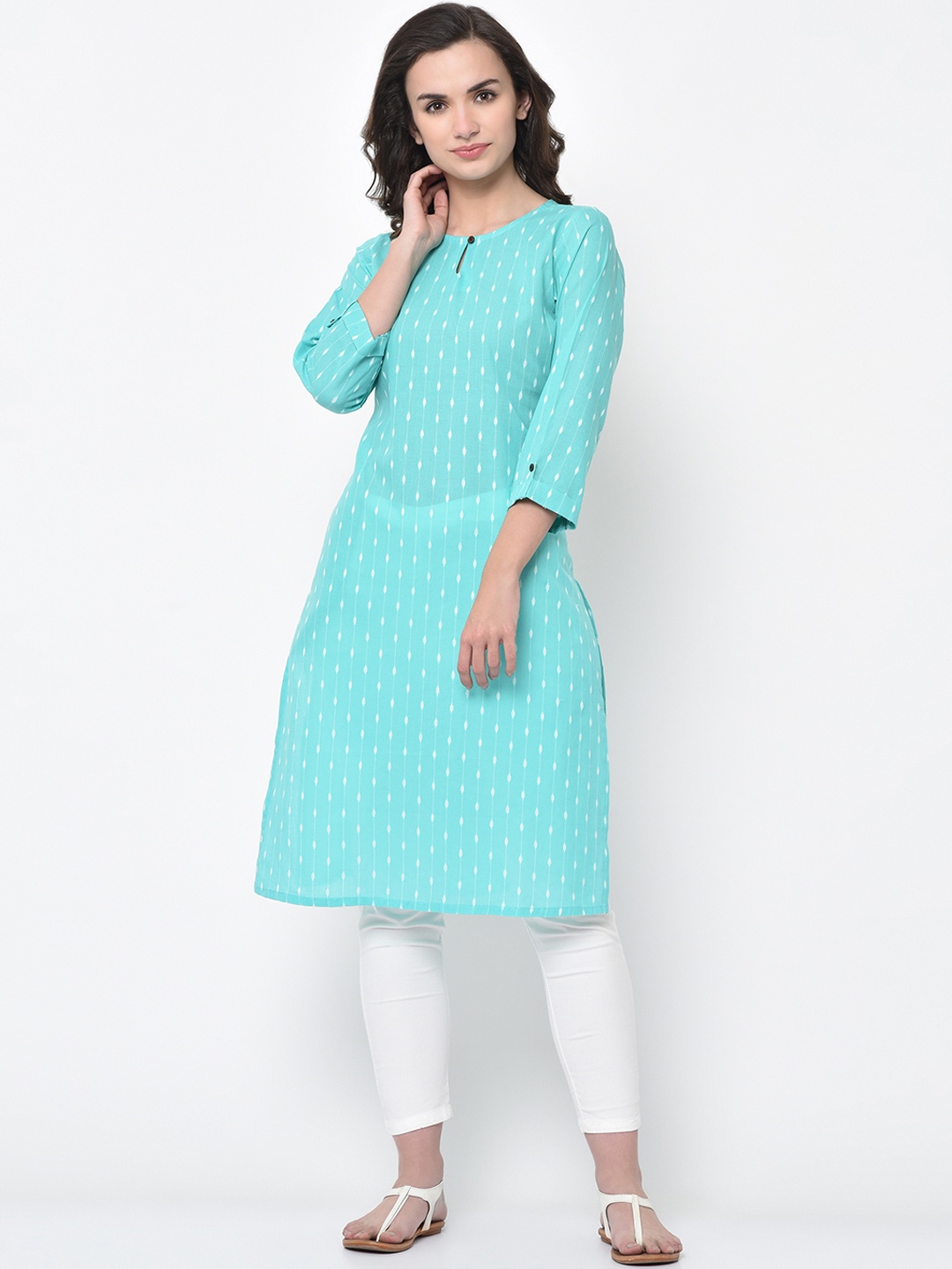 

FLAVIDO Women Sea Green Woven Design Straight Kurta