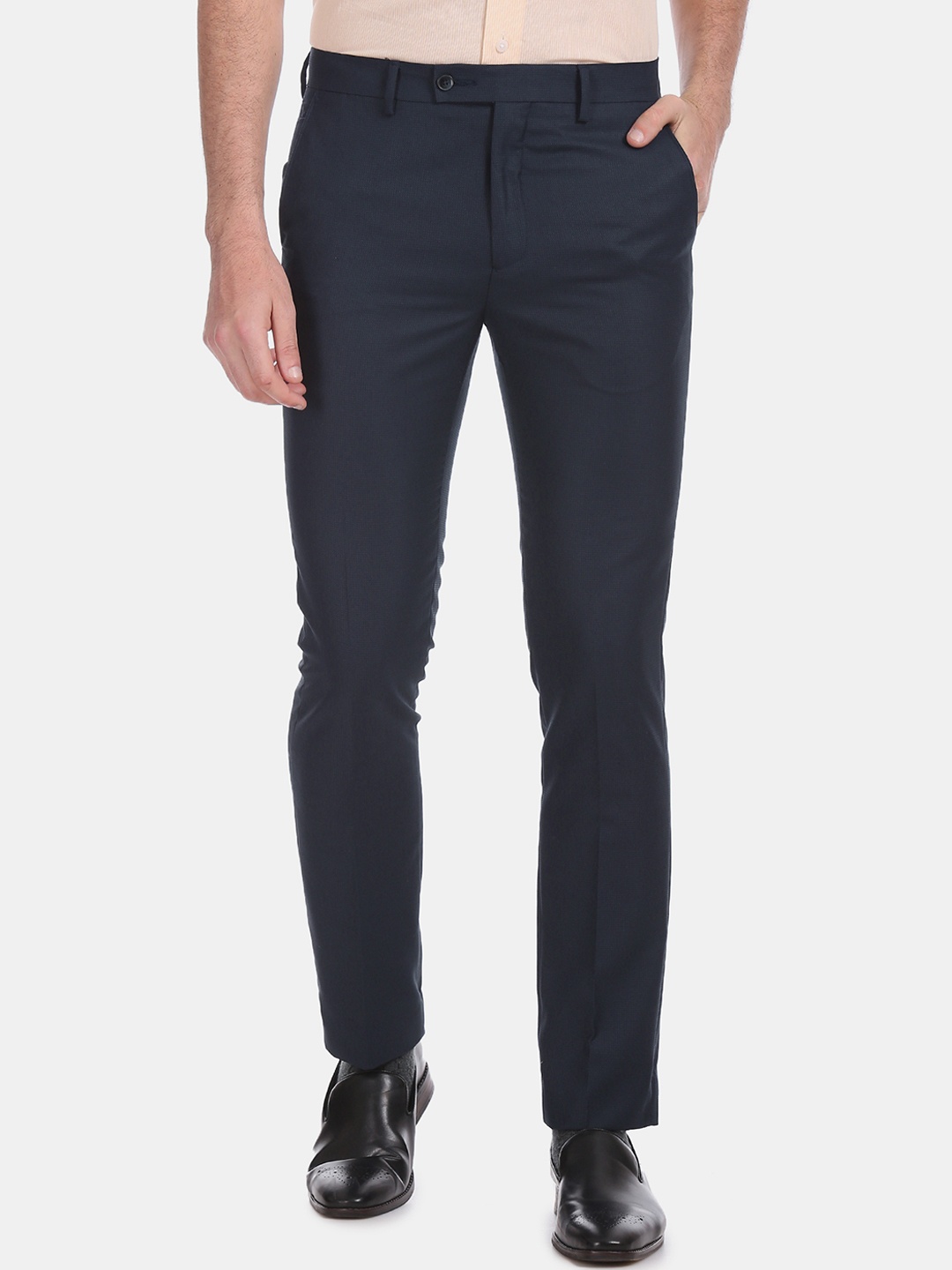 Arrow Men Navy Blue Slim Fit Self Design Formal Trousers