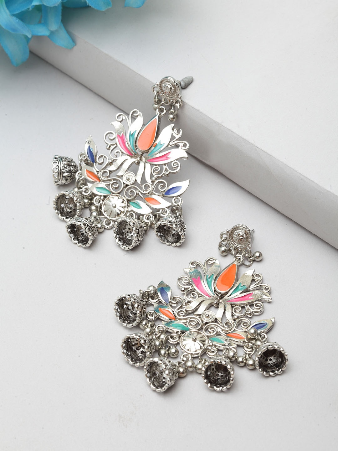 

Moedbuille Silver-Toned & Orange Meenakari Floral Drop Earrings