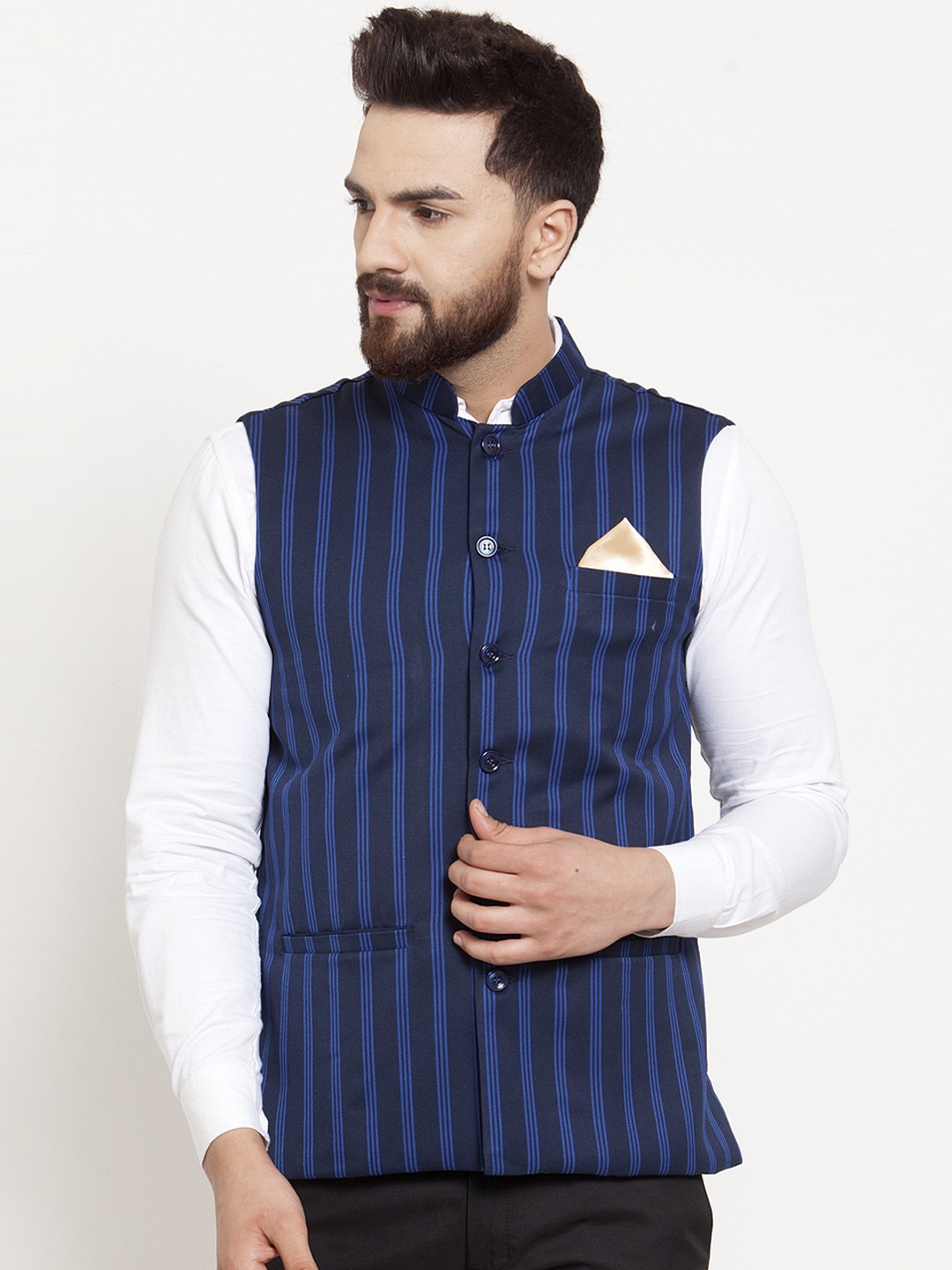 

KLOTTHE Men Blue Striped Satin Nehru Jacket