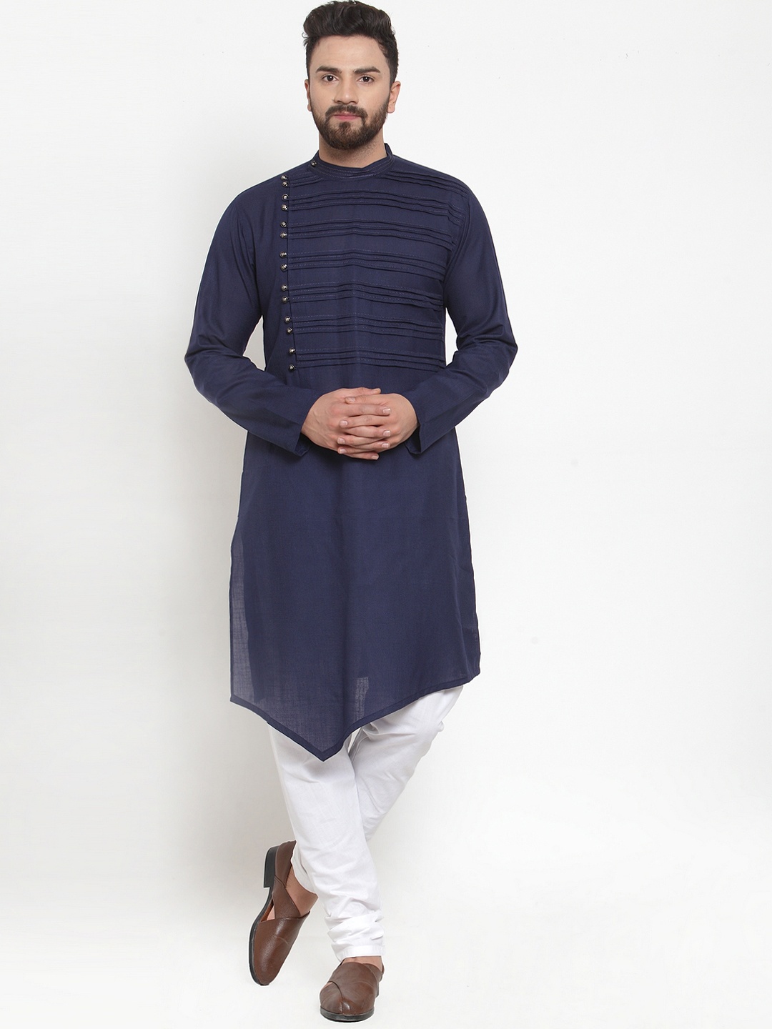 

TREEMODA Men Navy Blue Solid Linen Kurta with Churidar