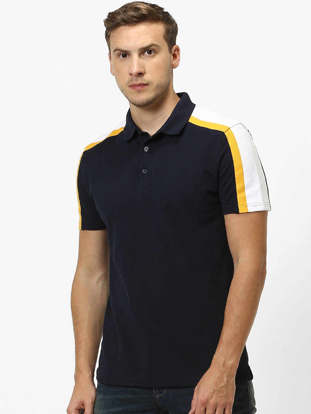 

Celio Men Navy Blue Colourblocked Polo Collar Pure Cotton T-shirt