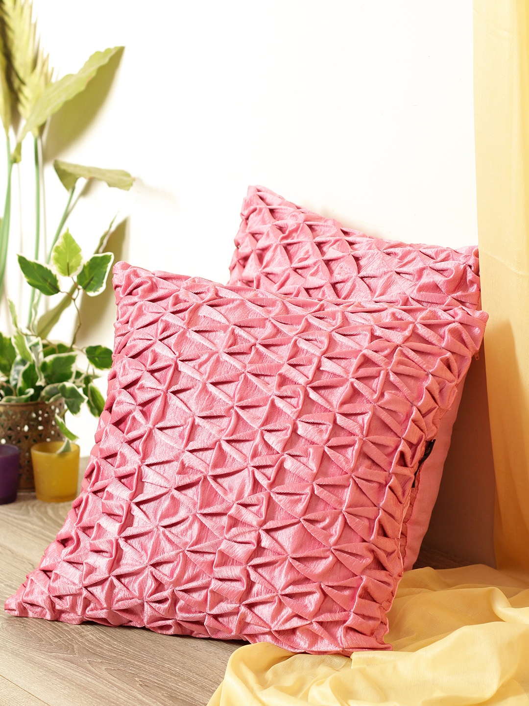 

ROMEE Pink Set of 2 Self Design Square Cushion Covers