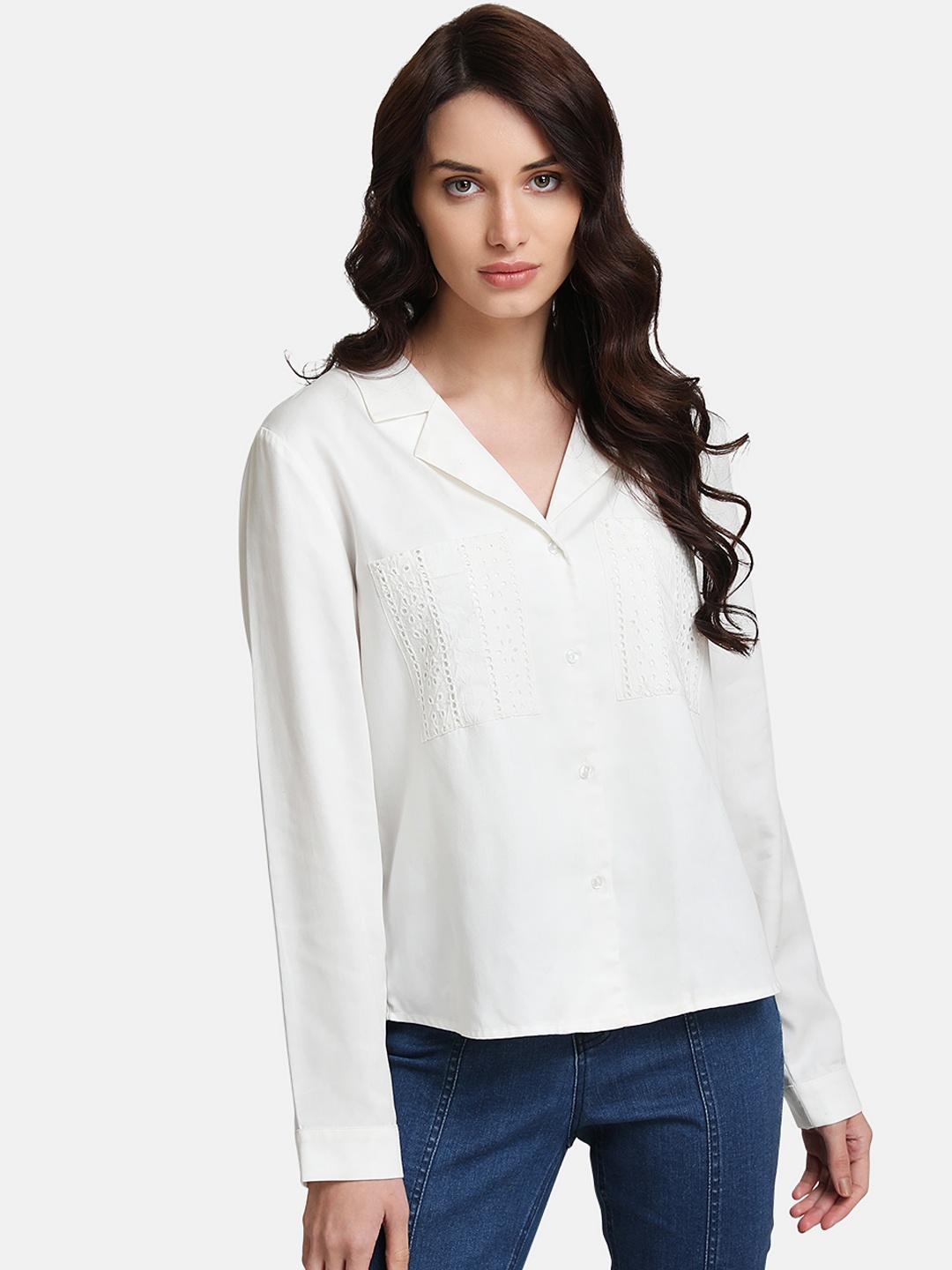 Kazo Women White Regular Fit Solid Casual Shirt