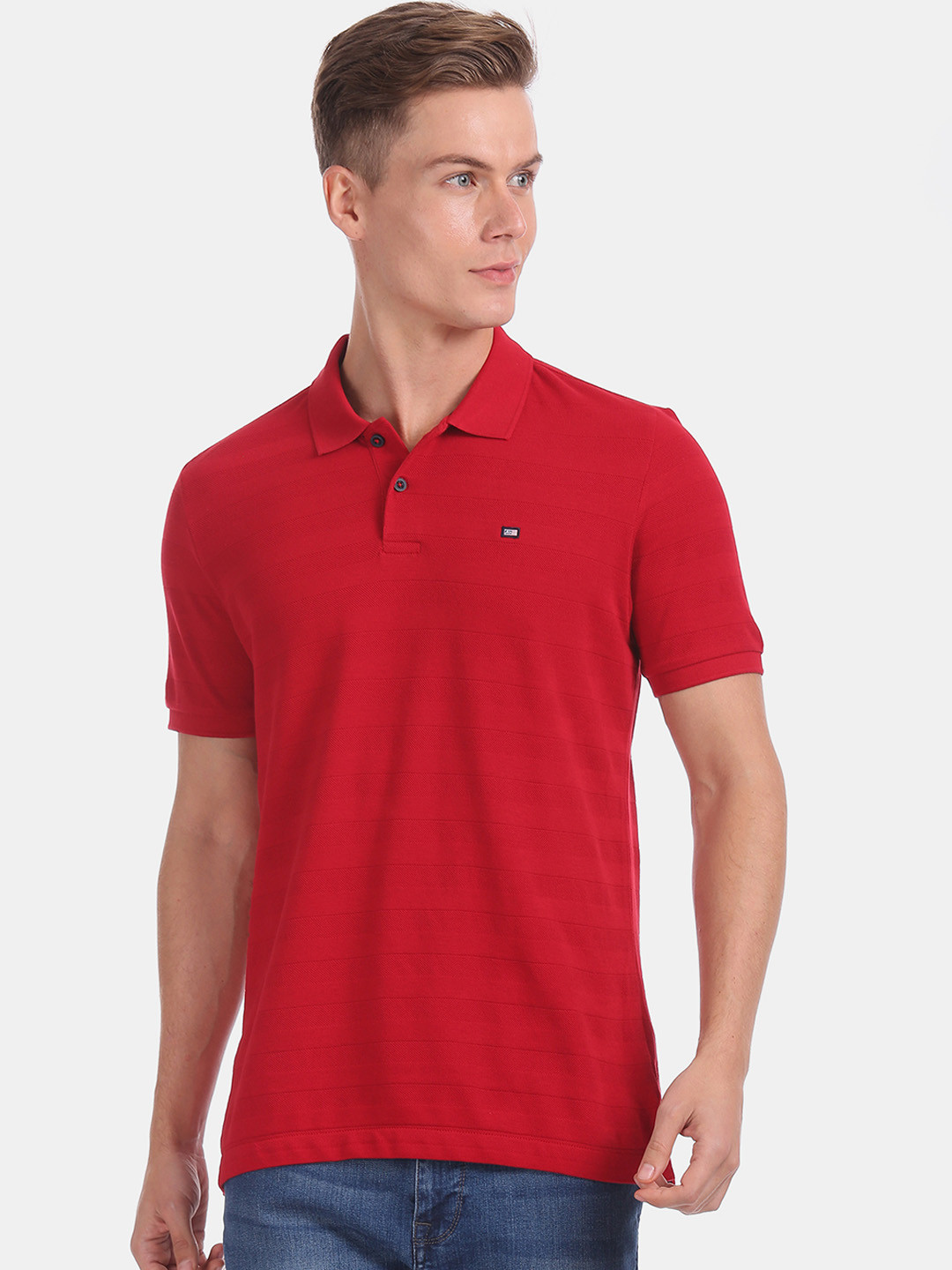 

Arrow Sport Men Red Striped Polo Collar Pure Cotton T-shirt