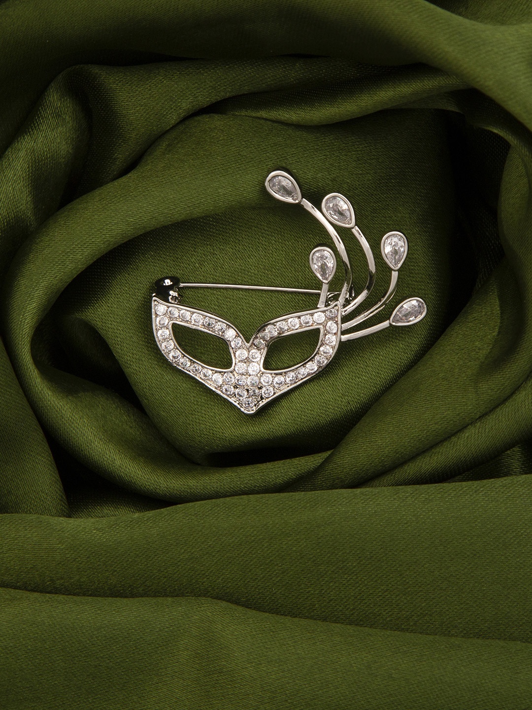 

Mali Fionna Women Silver-Toned & White Stone-Studded Masquerade Mask-Shaped Brooch
