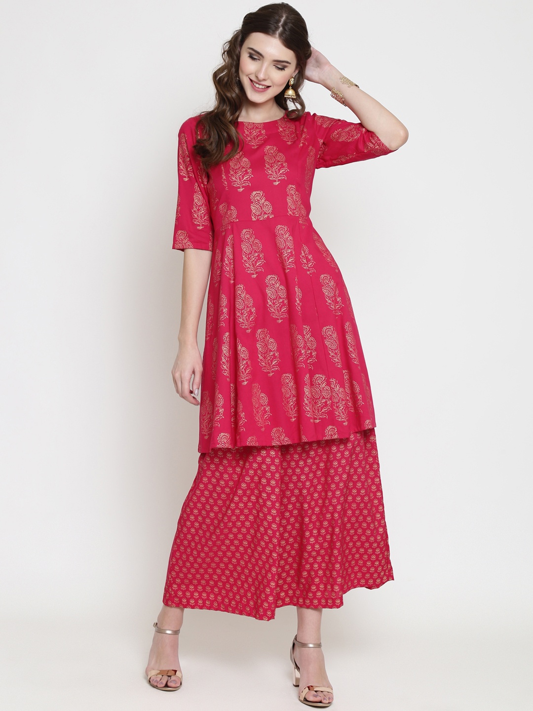 

Sera Women Fuchsia & Gold-Toned Printed A-Line Kurta