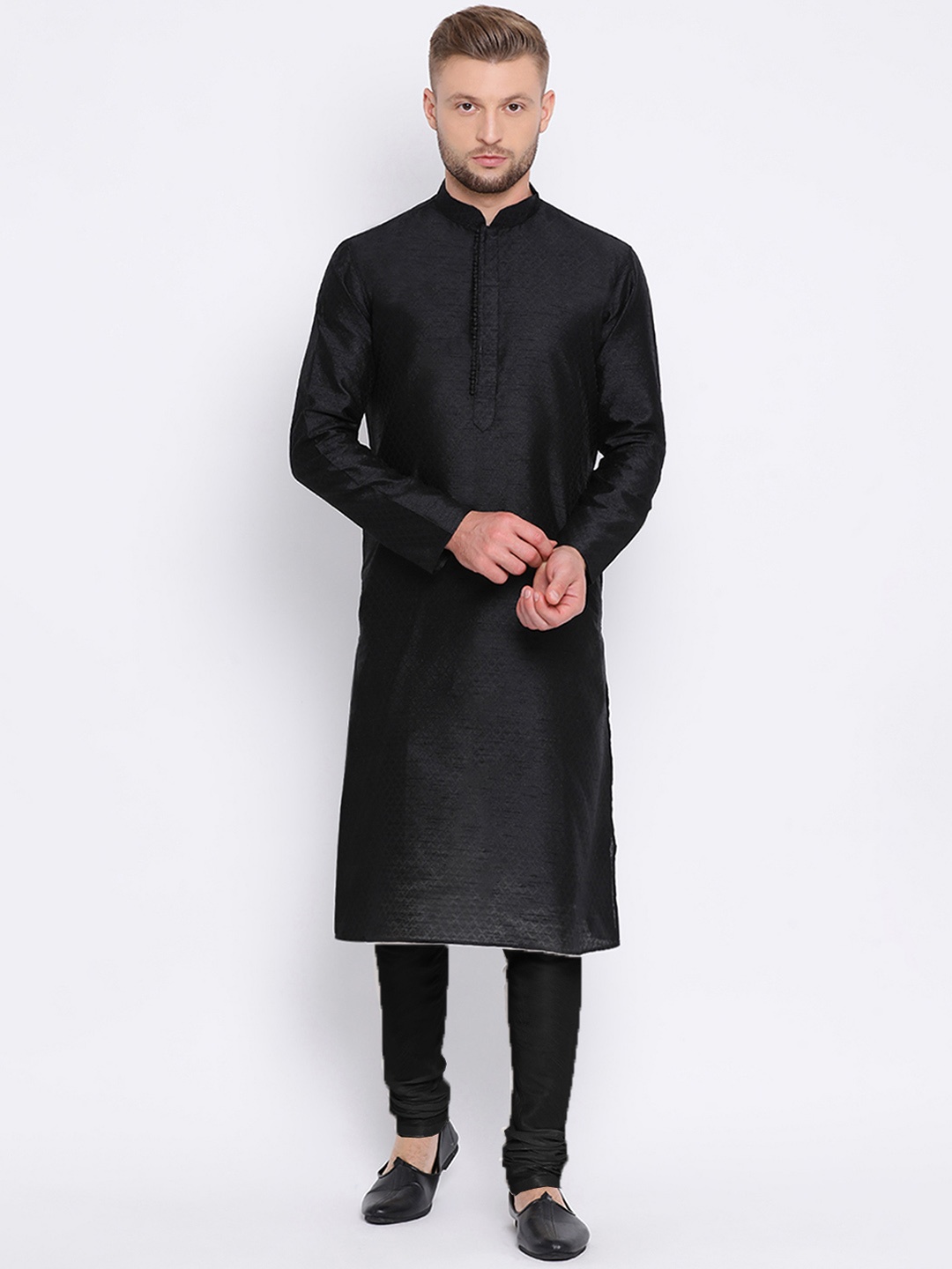 Sanwara Men Black Woven Design Dupion Silk Straight Kurta