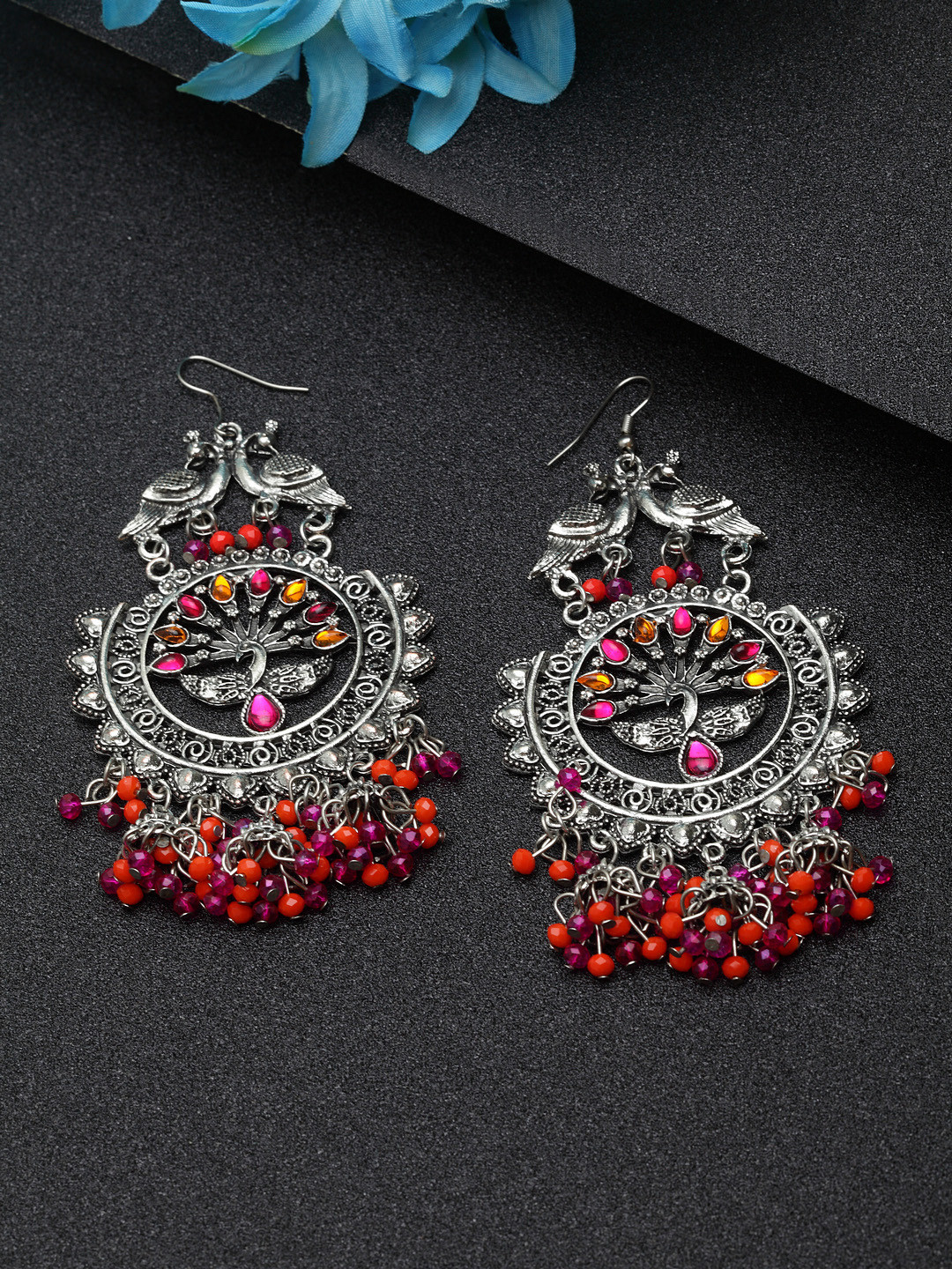 

Moedbuille Pink & Orange Peacock Shaped Brass-Plated Handcrafted Drop Earrings
