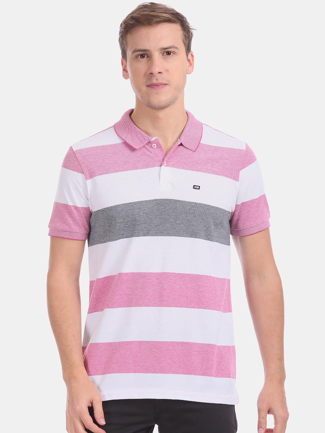 

Arrow Sport Men Pink White Striped Polo Collar Pure Cotton T-shirt