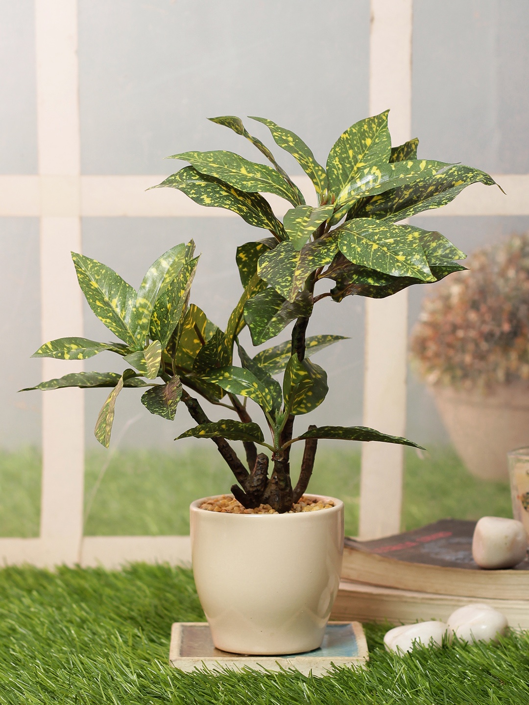 

PolliNation Green Yellow Artificial Croton Bonsai With White Ceramic Pot