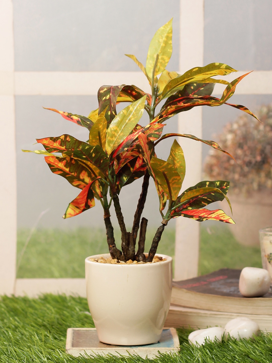 

PolliNation Red Artificial Croton Bonsai with Off-White Ceramic Pot, Green