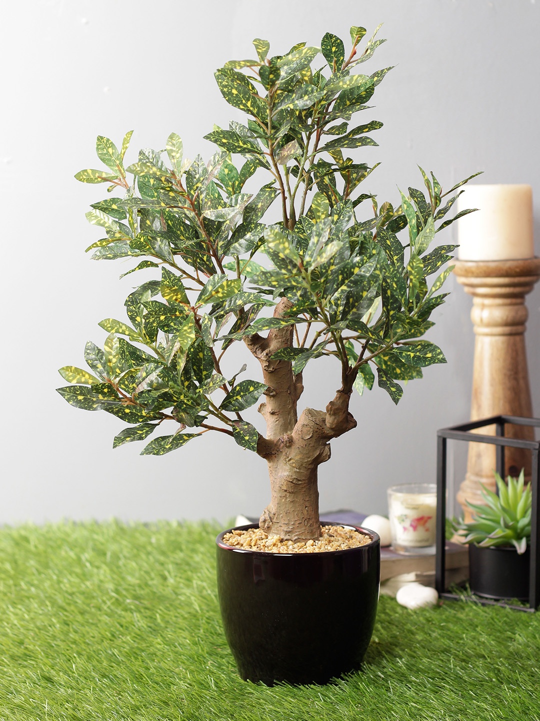 

PolliNation Green Artificial Ficus Bonsai Plant With Brown Ceramic Pot