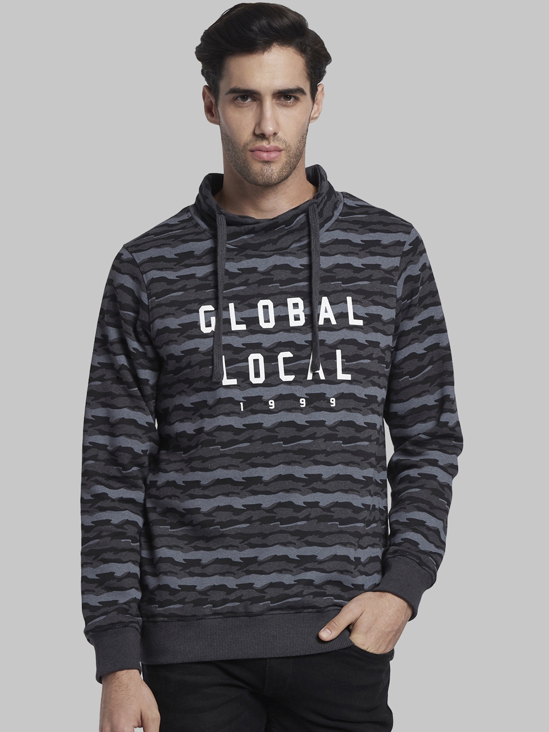 

Parx Men Charcoal Grey & Black Printed Sweatshirt
