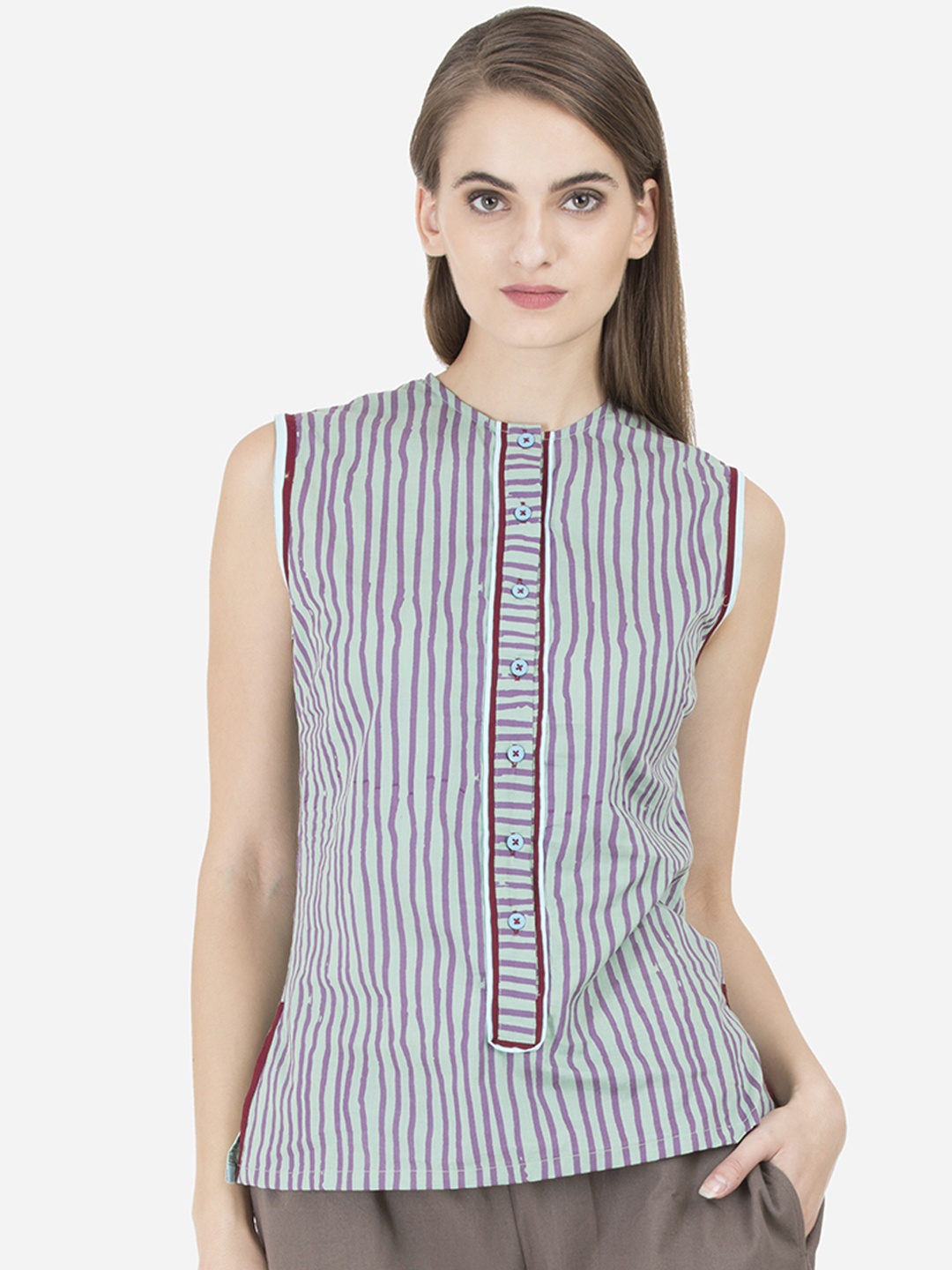 GRASS by Gitika Goyal Women Sea Green & Maroon Striped Pure Cotton Top