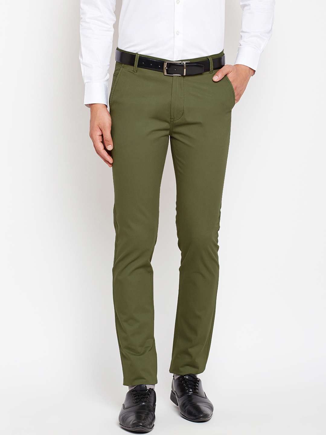

Hancock Men Olive Green Slim Fit Solid Regular Trousers