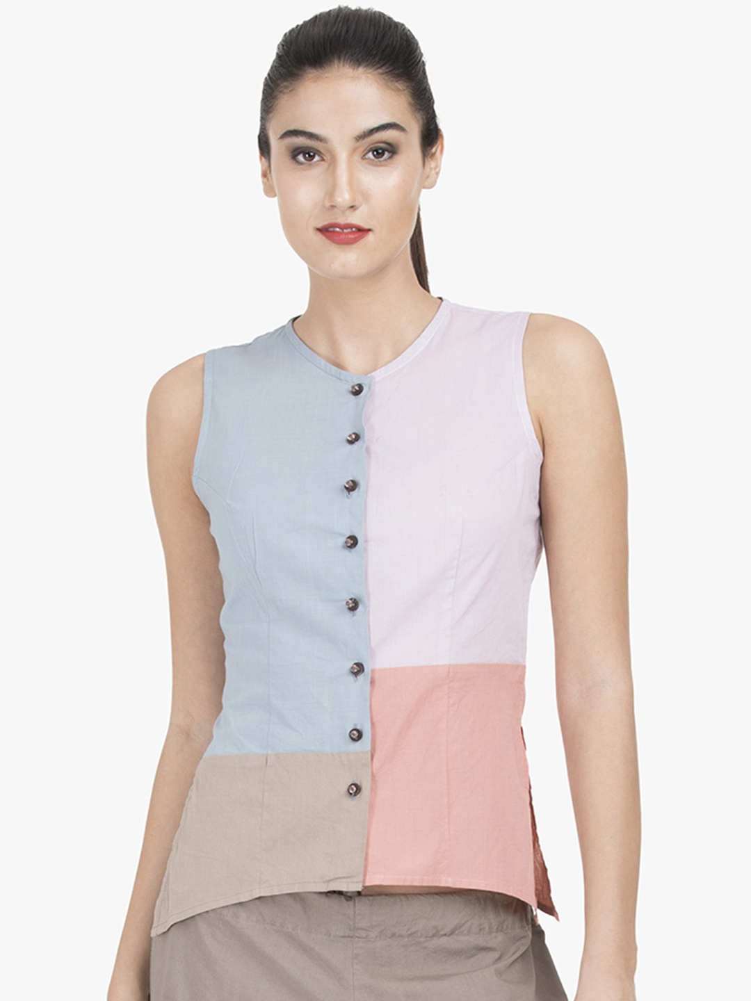 

GRASS by Gitika Goyal Women Colourblocked Multicoloured Pure Cotton Top, Multi