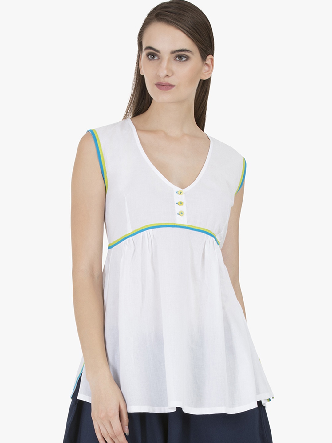 

GRASS by Gitika Goyal Women's White & Blue Solid Tunic