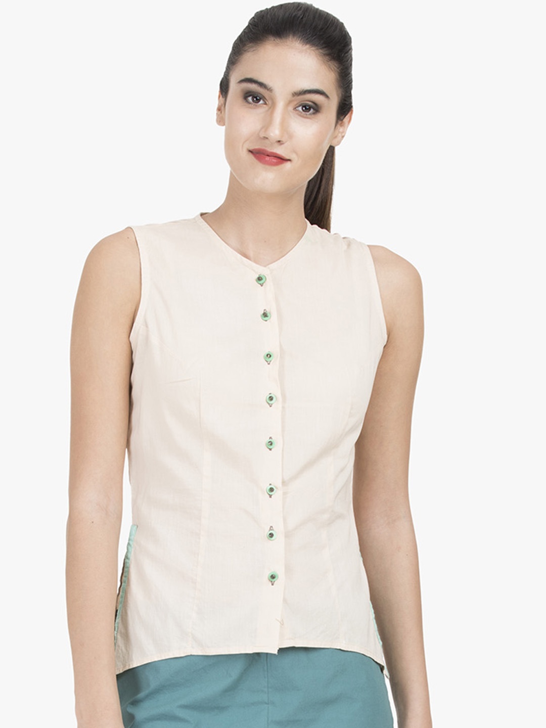 

GRASS by Gitika Goyal Women Cream-Coloured Solid Pure Cotton Top