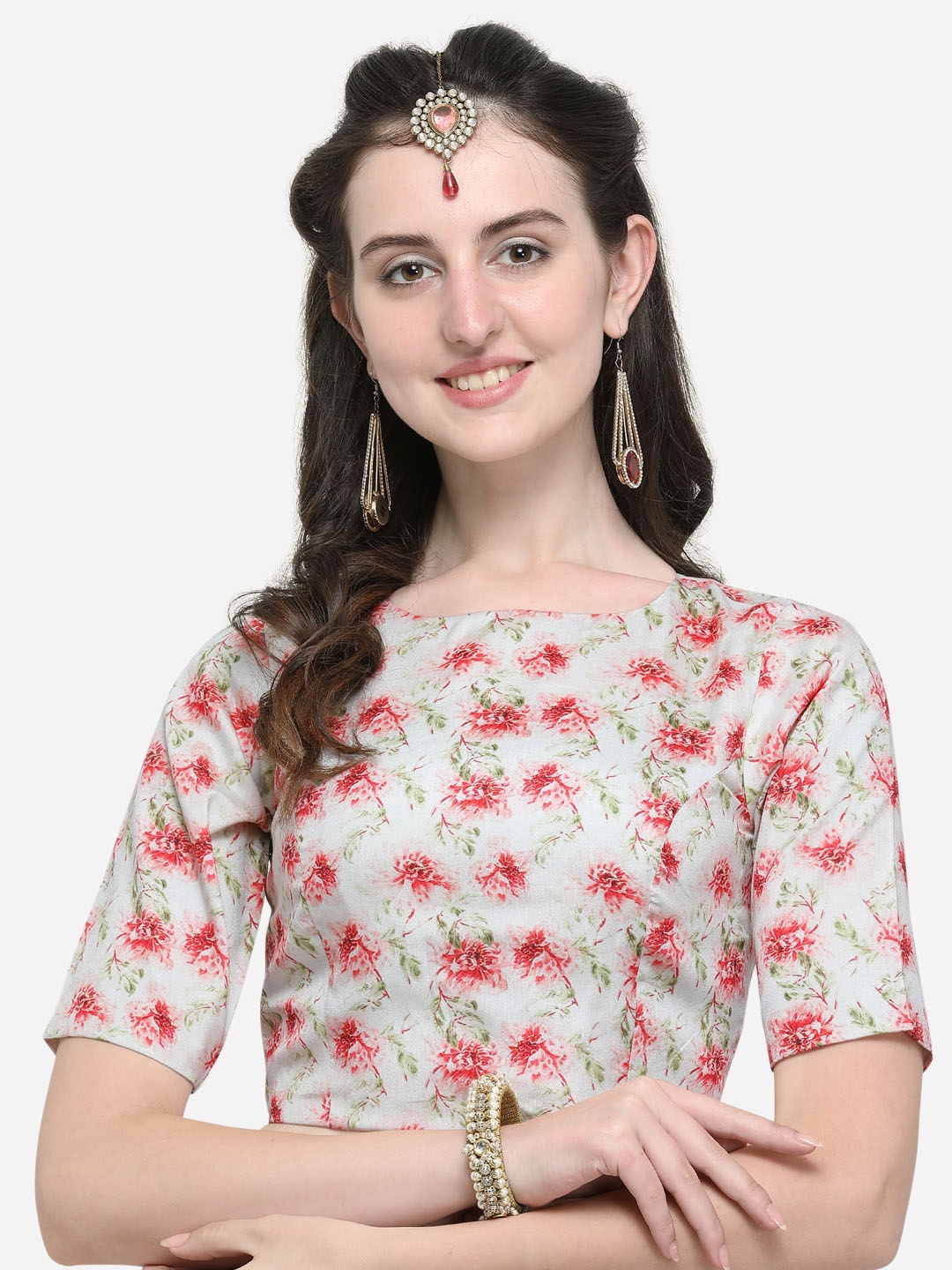 

Janasya Women Green & Red Printed Saree Blouse