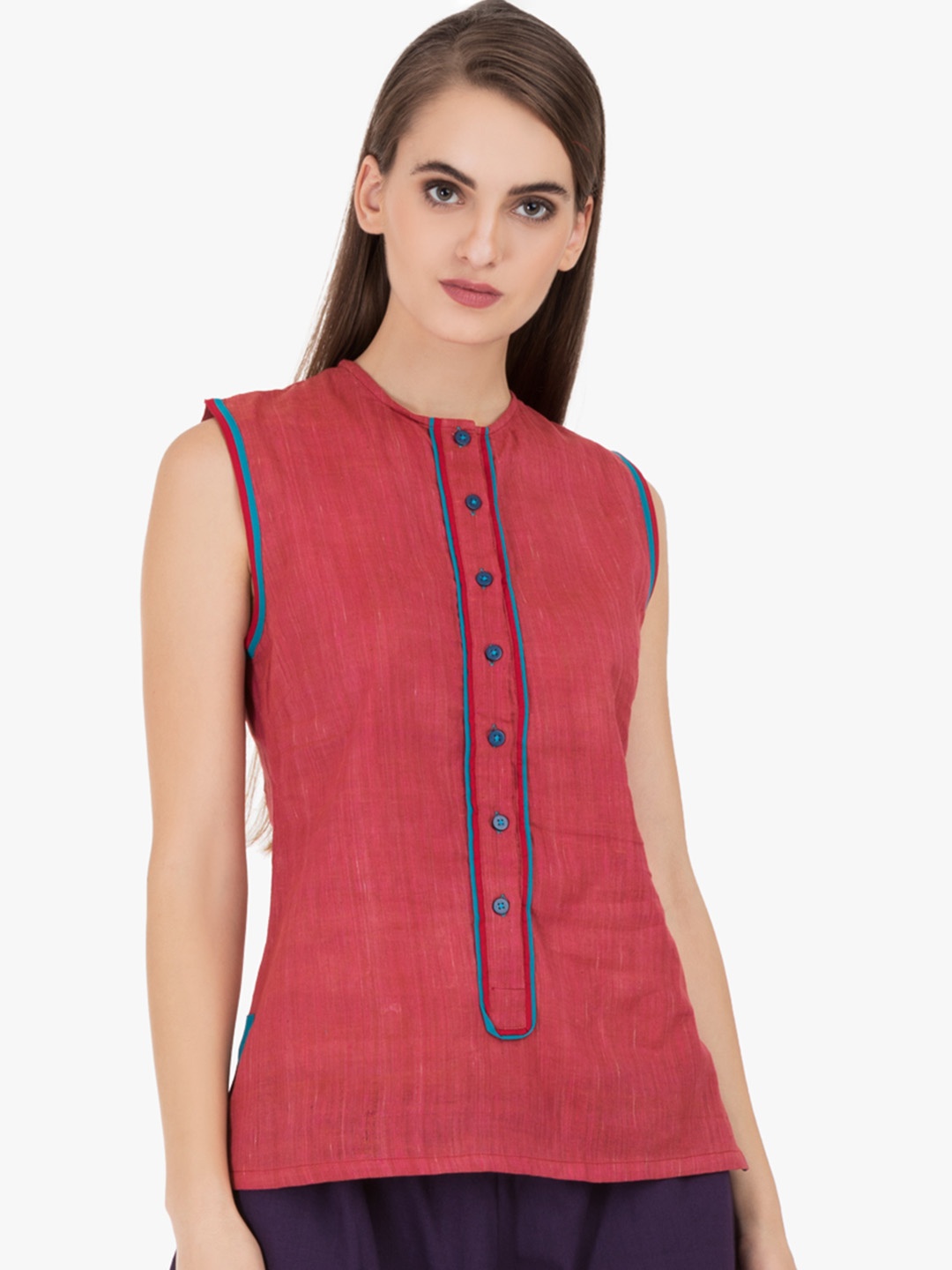 

GRASS by Gitika Goyal Women Red Solid Khadi Pure Cotton Top