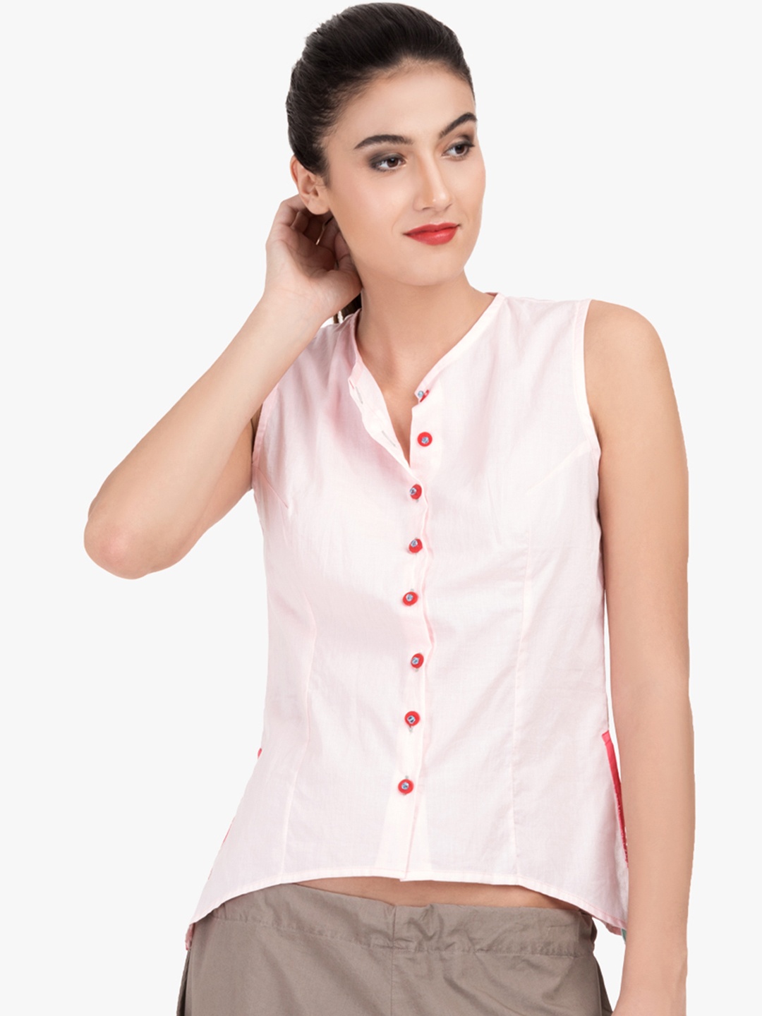 

GRASS by Gitika Goyal Women Pink Solid Pure Cotton Top