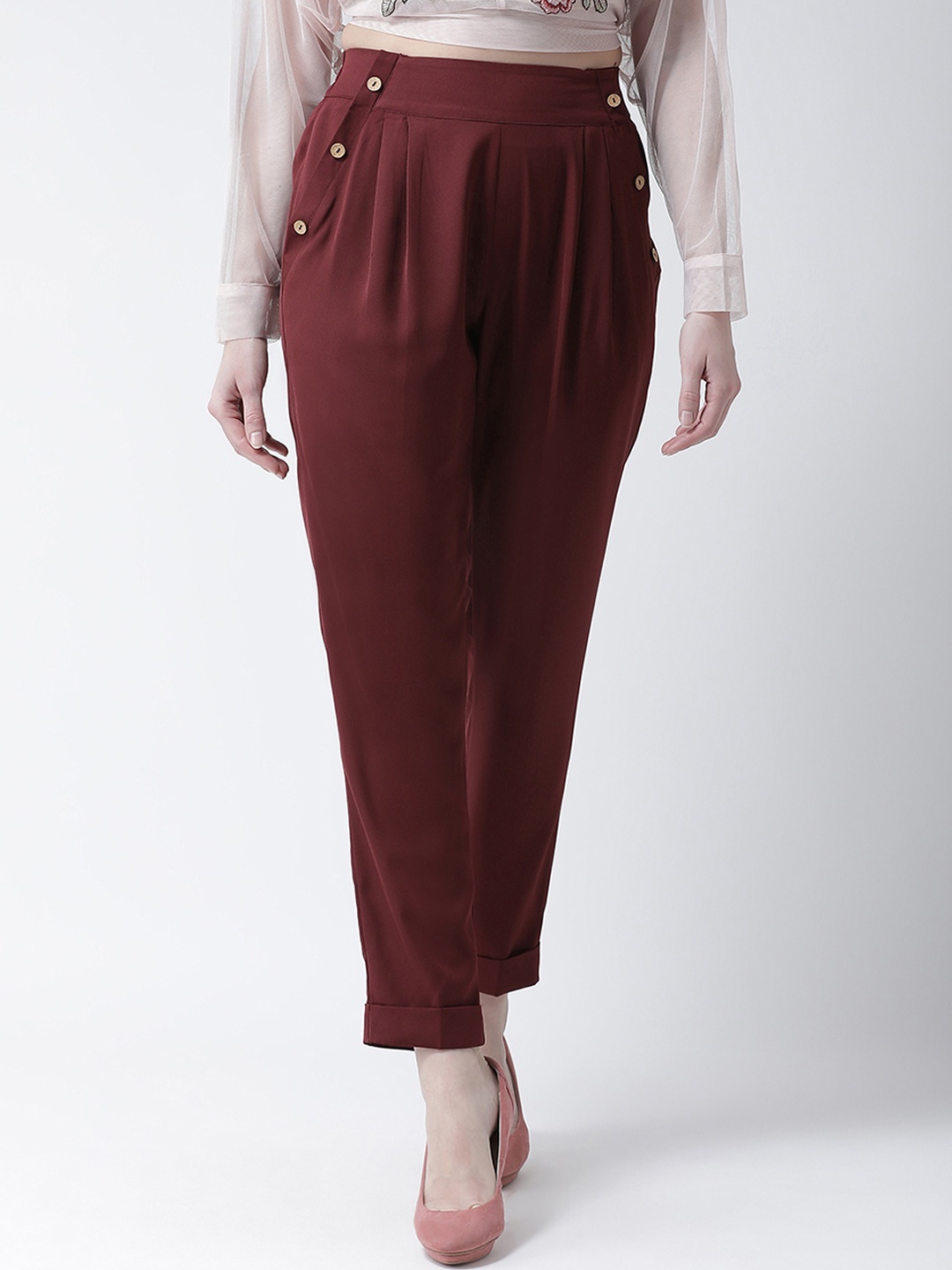 

KASSUALLY Women Maroon Regular Fit Solid Peg Trousers