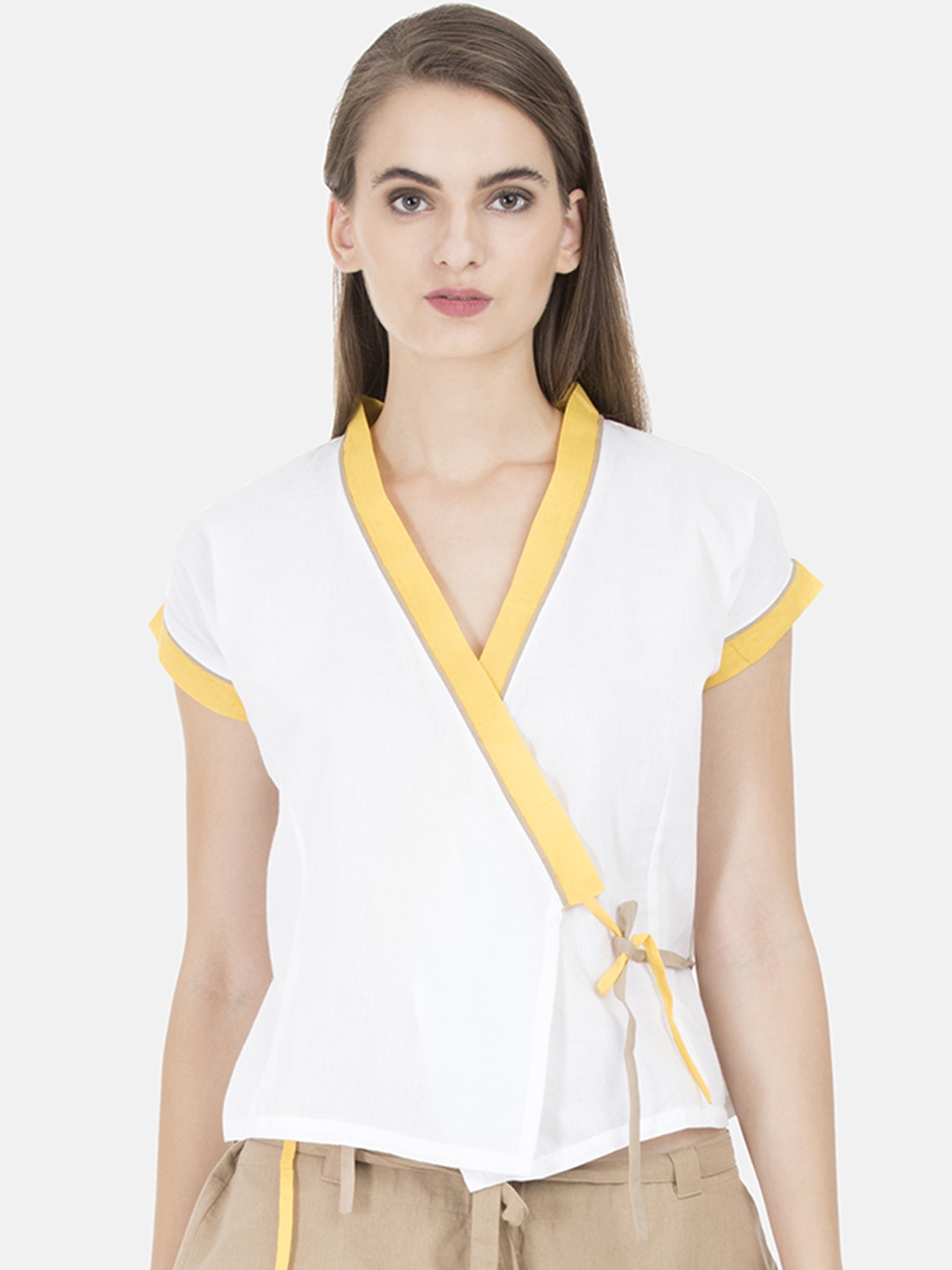 

GRASS by Gitika Goyal Women White Solid Wrap Pure Cotton Top