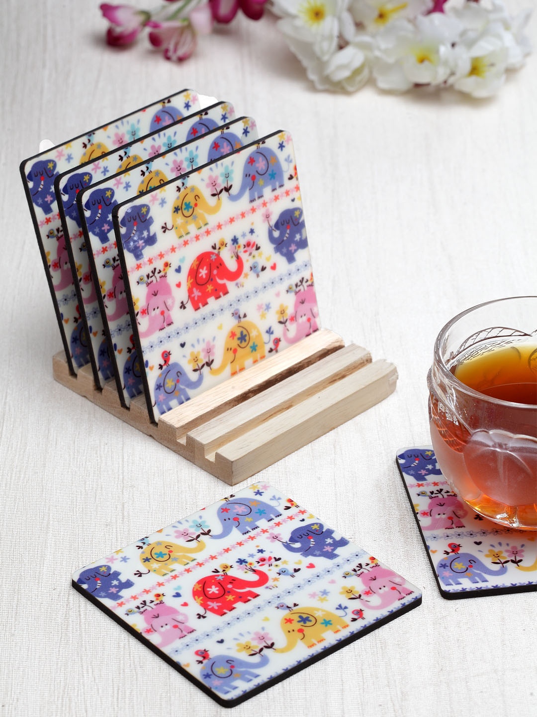 

Alina Decor Set of 6 Off White & Blue Printed Coasters With Wooden Stand
