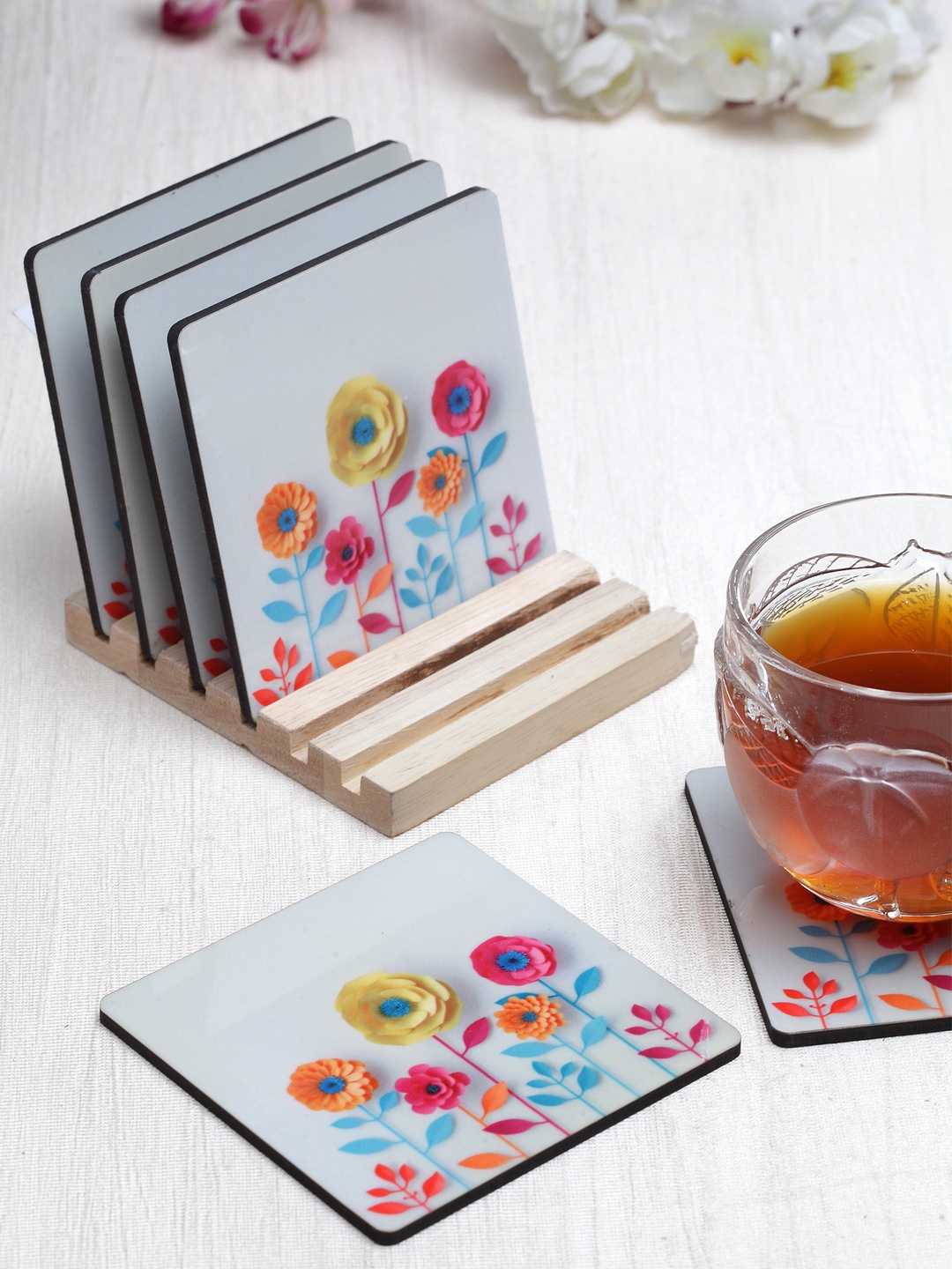 

Alina Decor Set of 6 Off White & Orange Floral-Printed Coasters With Wooden Stand
