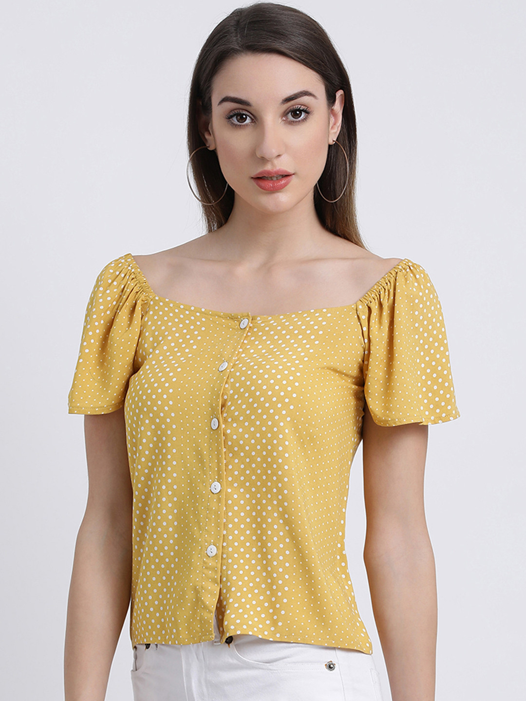 

Zink London Women Yellow Polka Dot Print Top