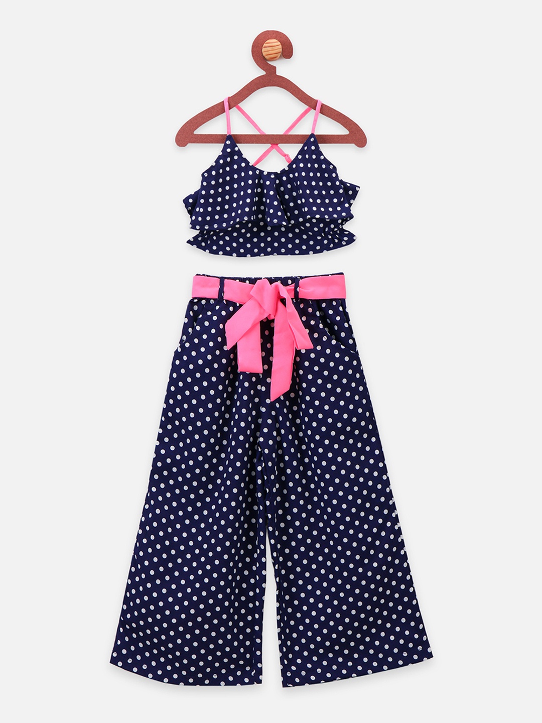 

LilPicks Girls Navy Blue & White Printed Top with Palazzos