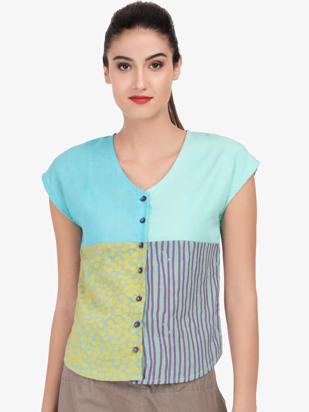 

GRASS by Gitika Goyal Women Blue & Yellow Printed Pure Cotton Top