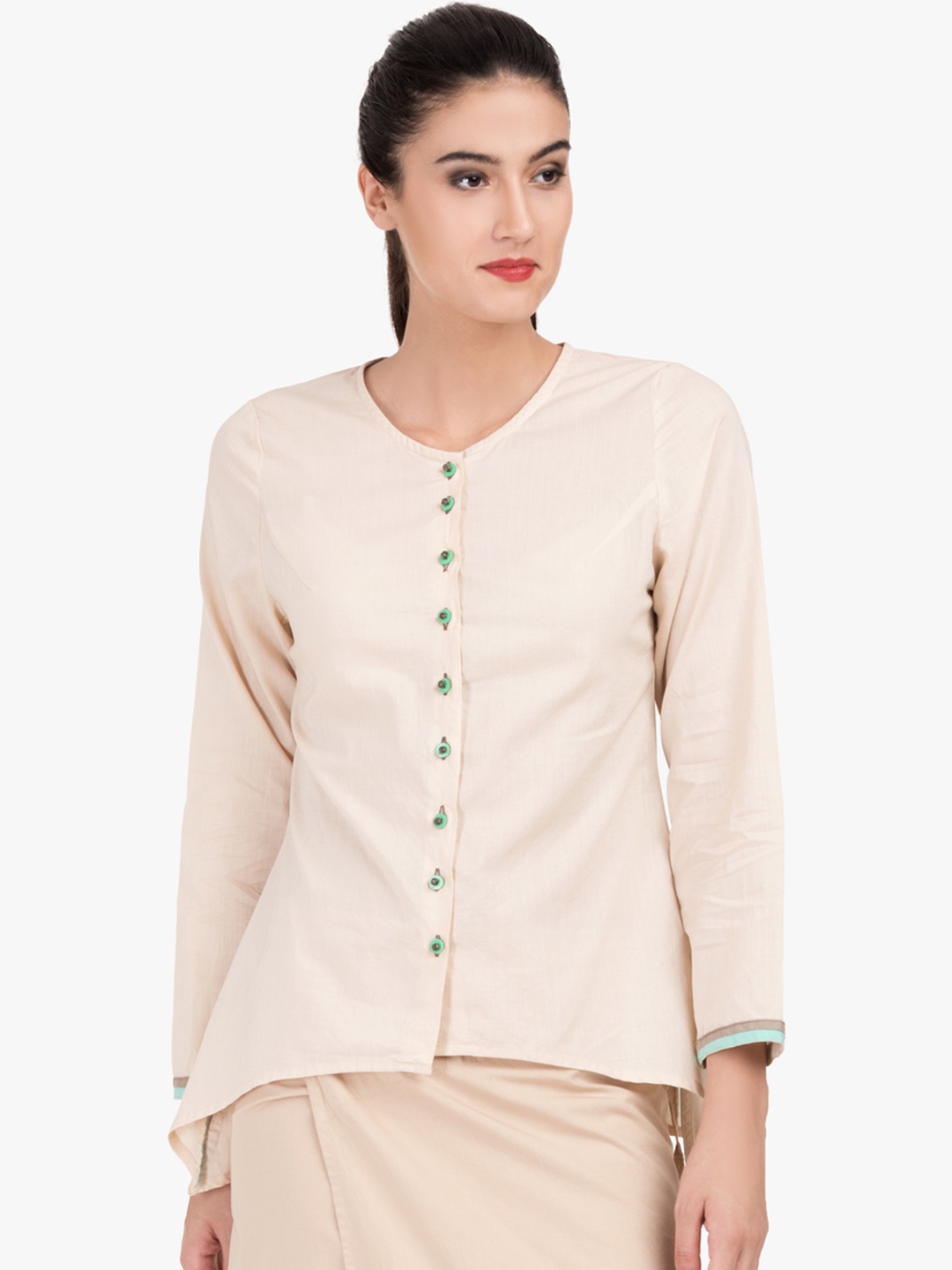 

GRASS by Gitika Goyal Women Cream-Coloured Shirt-Style Pure Cotton Top