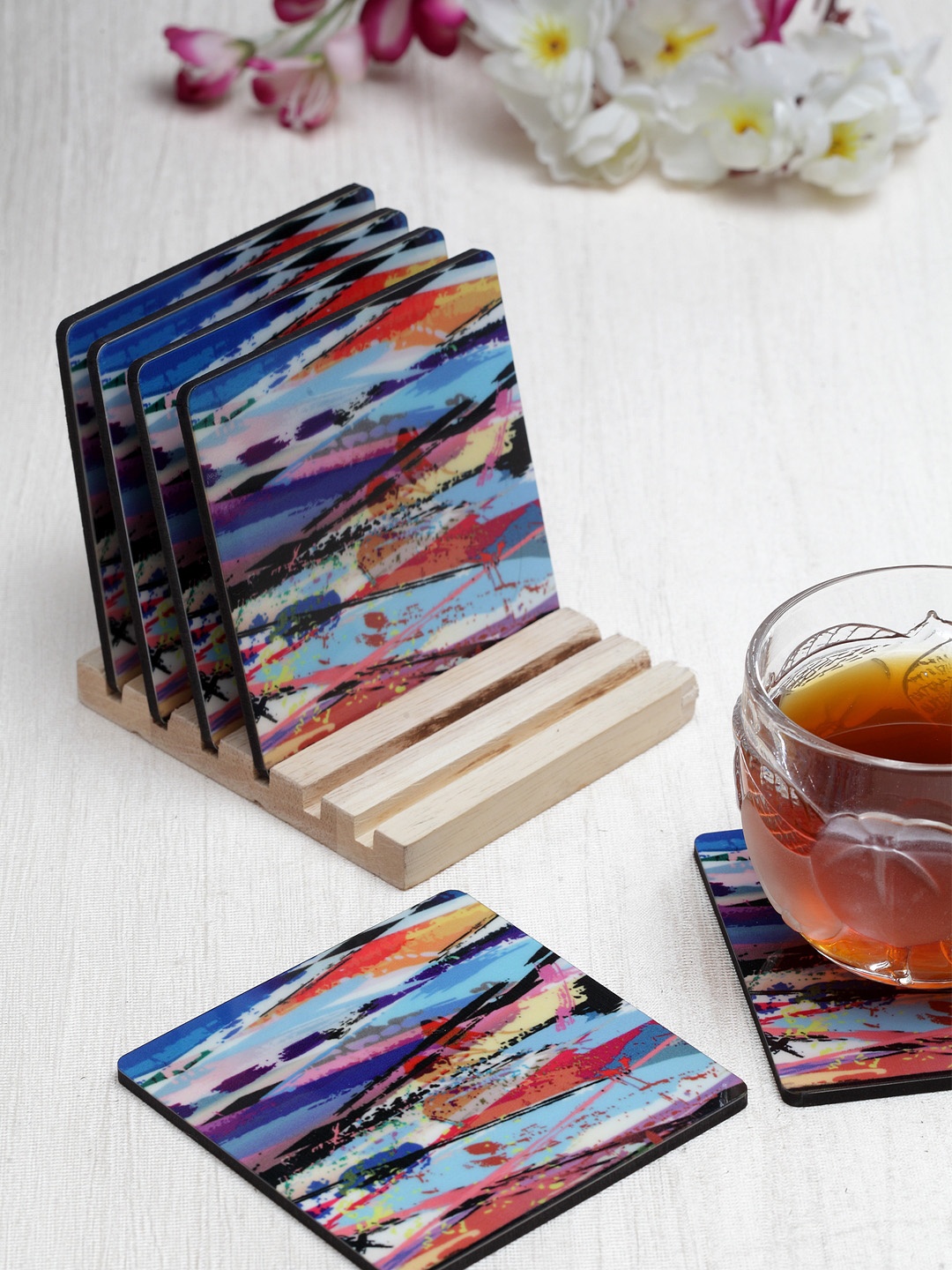 

Alina Decor Set of 6 Blue & Orange Printed Coasters With Wooden Stand