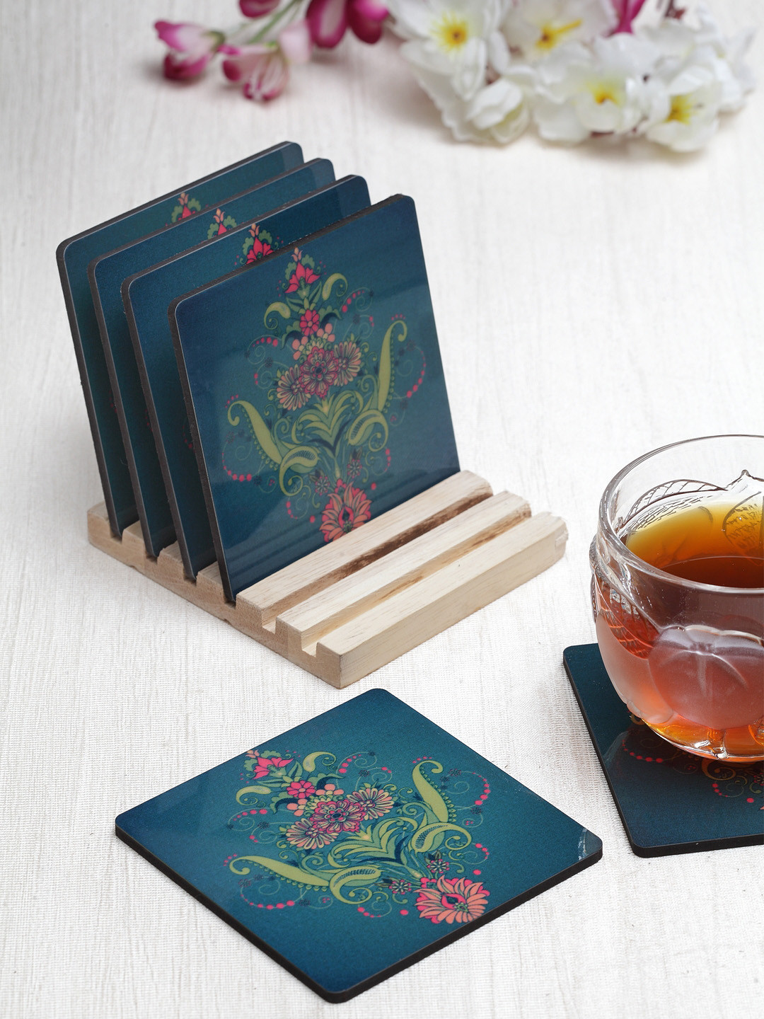 

Alina Decor Set of 6 Green & Pink Printed Coasters With Wooden Stand