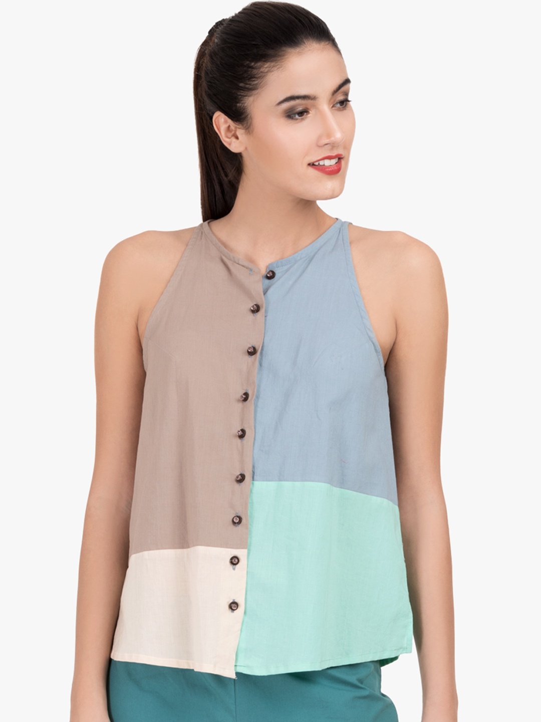 

GRASS by Gitika Goyal Women Taupe Colourblocked A-Line Pure Cotton Top