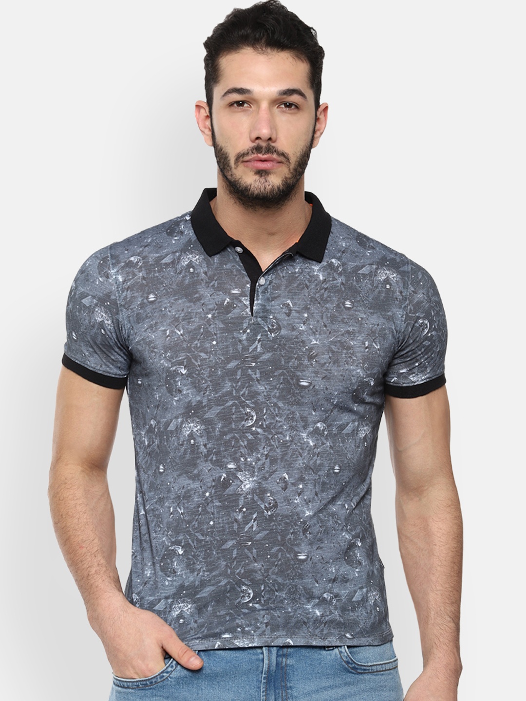 

V Dot Men Grey Printed Polo Collar T-shirt