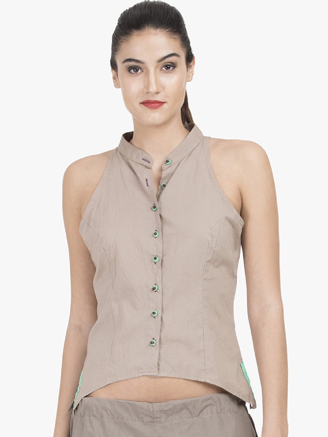 

GRASS by Gitika Goyal Women Khaki Brown Solid Shirt Style Pure Cotton Top