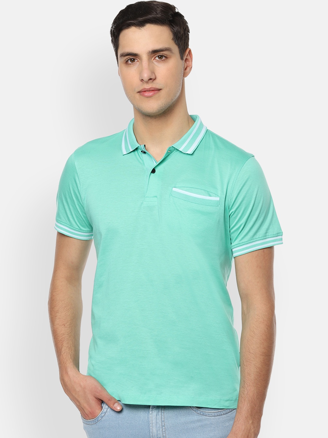 

Van Heusen Men Green Solid Polo Collar Pure Cotton T-shirt