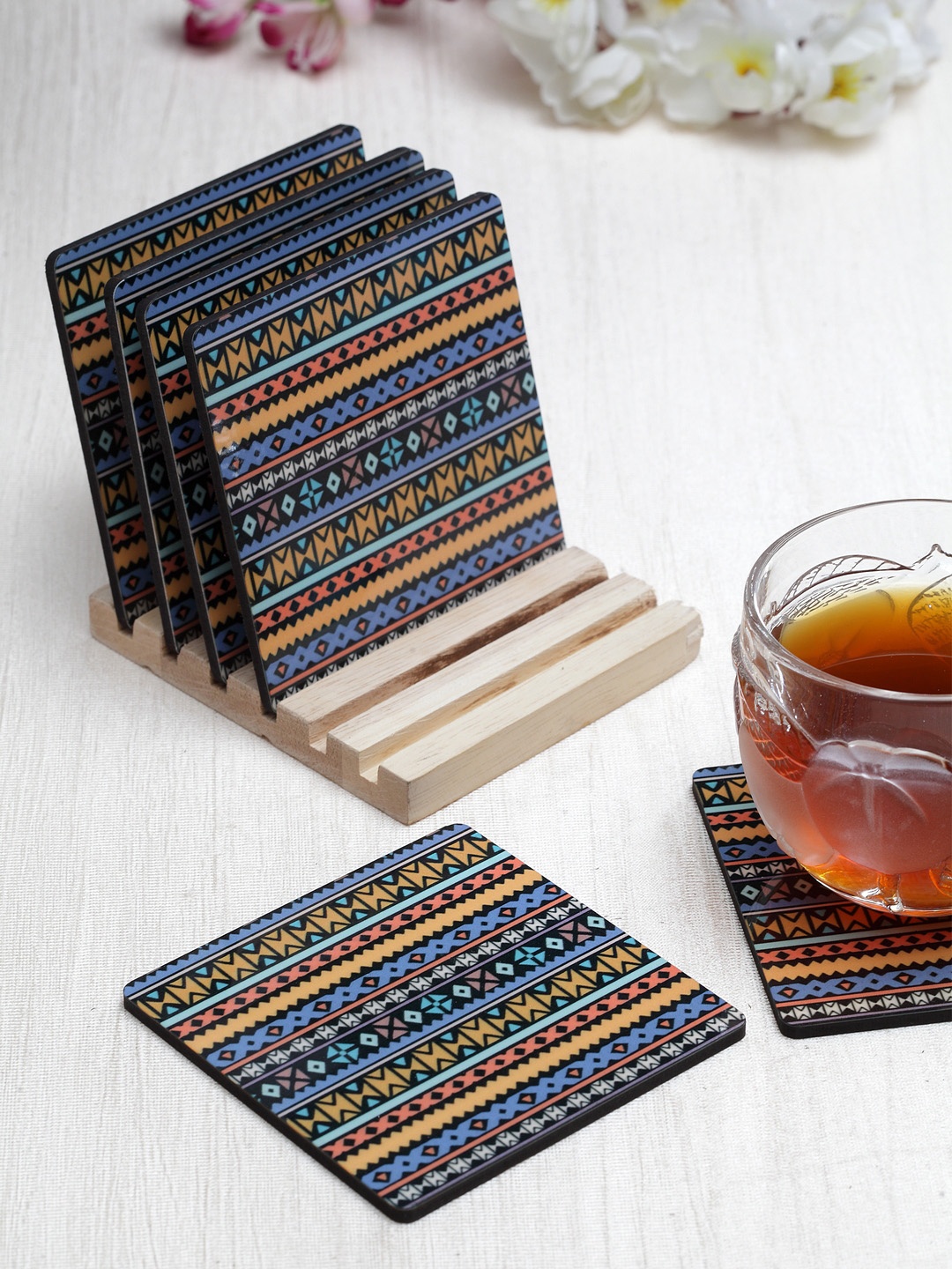 

Alina Decor Set of 6 Black & Brown Printed Coasters With Wooden Stand