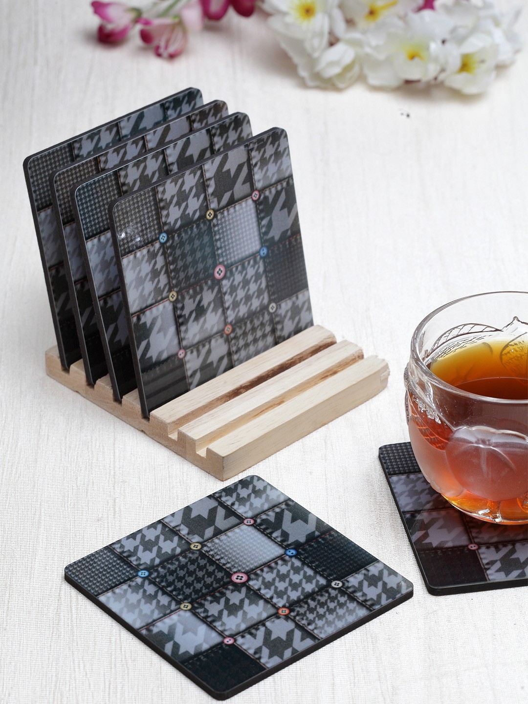 

Alina Decor Set of 6 Black & Grey Printed Coasters With Wooden Stand