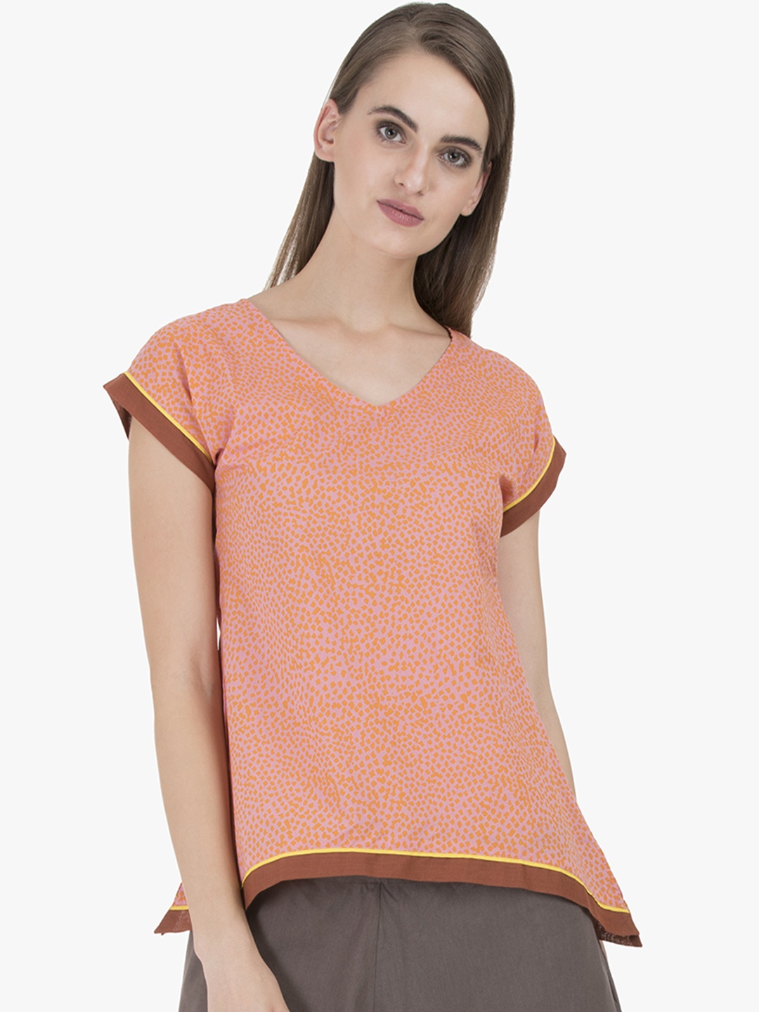 

GRASS by Gitika Goyal Women Coral Pink Printed Pure Cotton Top