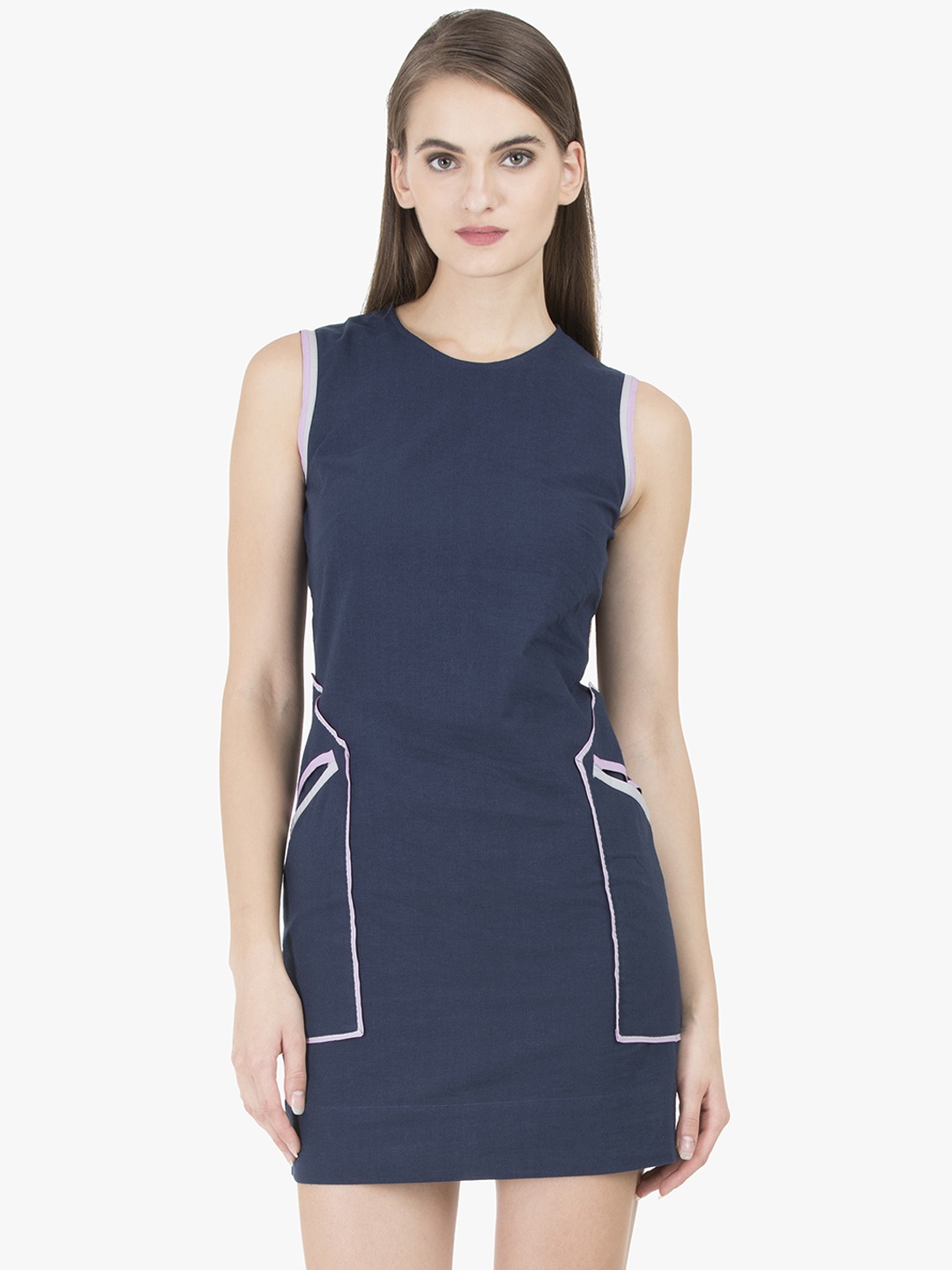 GRASS by Gitika Goyal Women Navy Blue Solid Sheath Dress