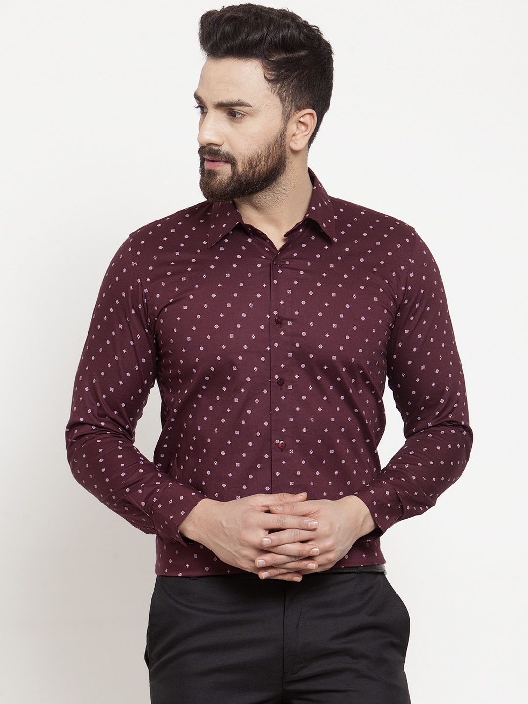 Purple State Men Burgundy Slim Fit Printed Casual Shirt
